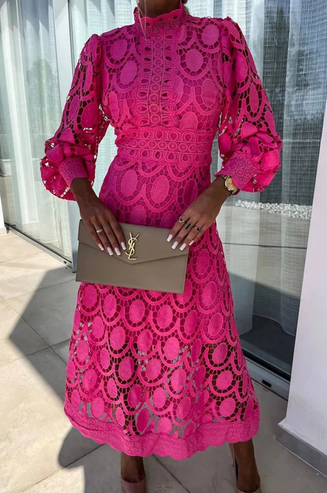 Belle Nuit | Fuchsia Lace Midi Dress