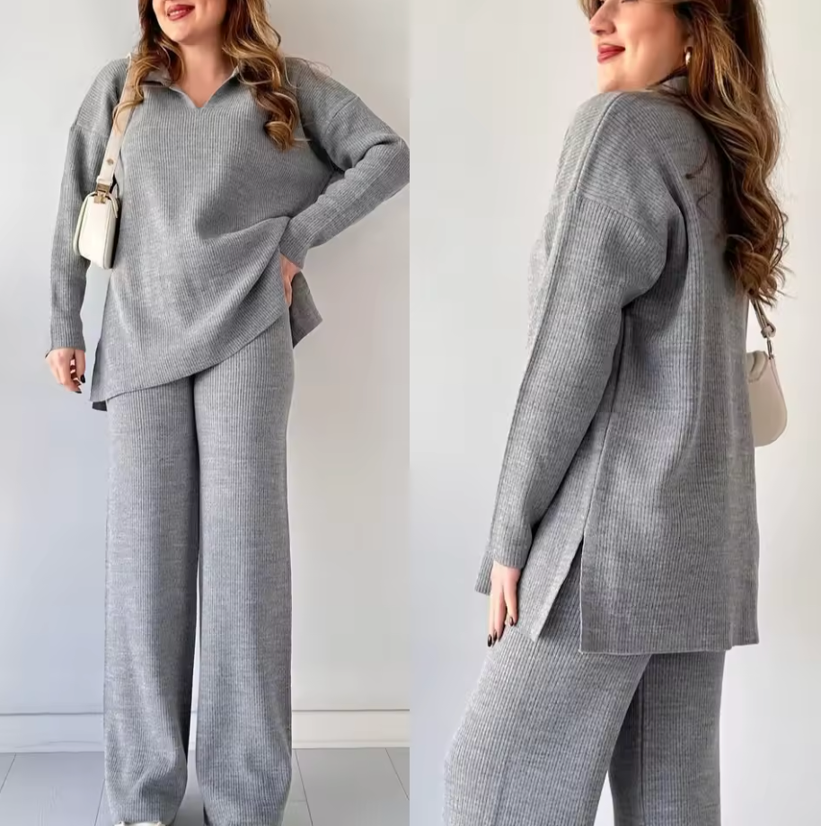 Giulia | Completo casual in maglia con scollo a V e spacchi laterali