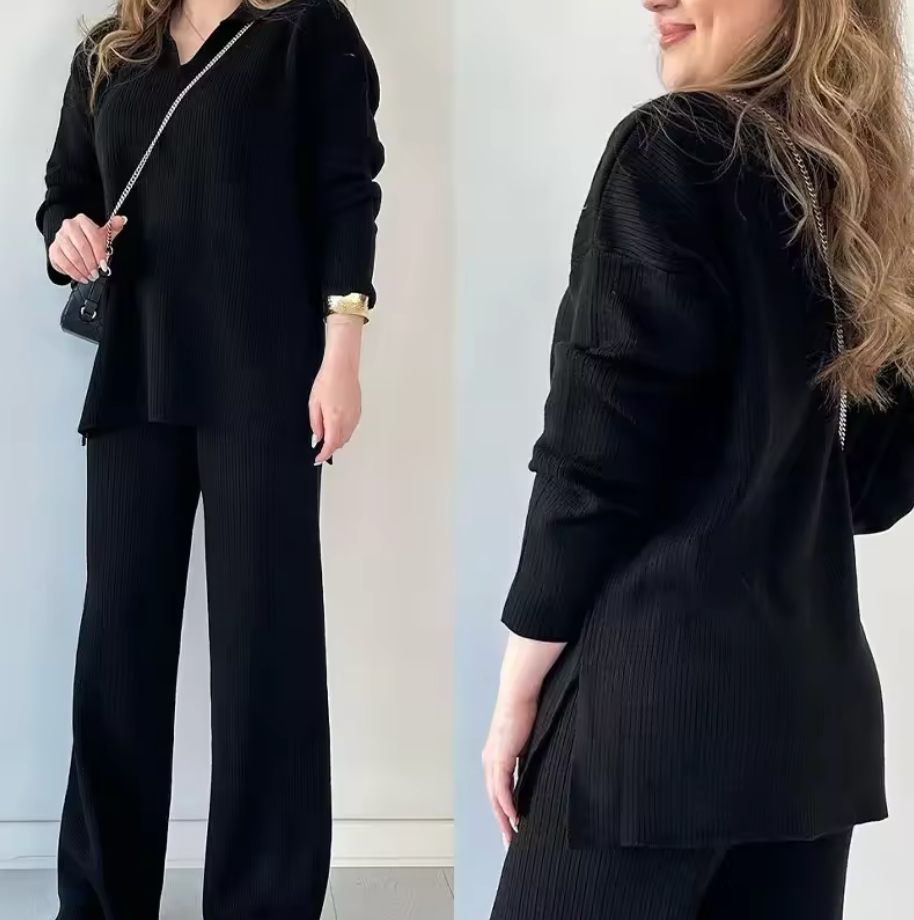 Giulia | Completo casual in maglia con scollo a V e spacchi laterali
